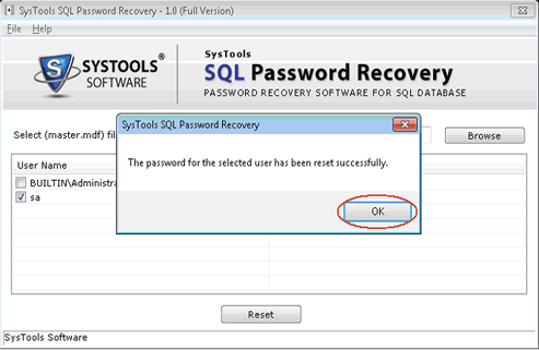 SQL Password Sucessfully Reset Window