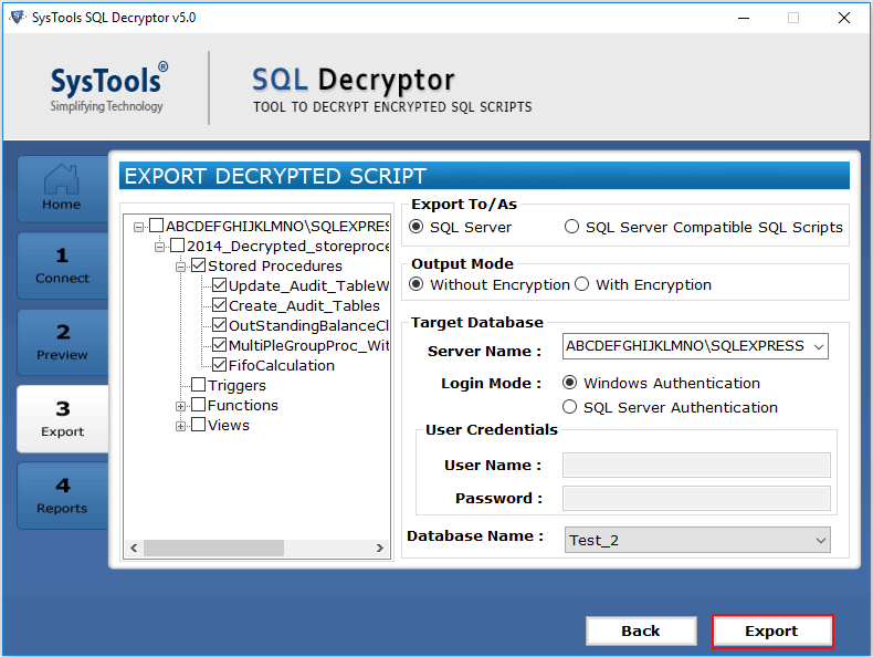 Export decrypt database objects